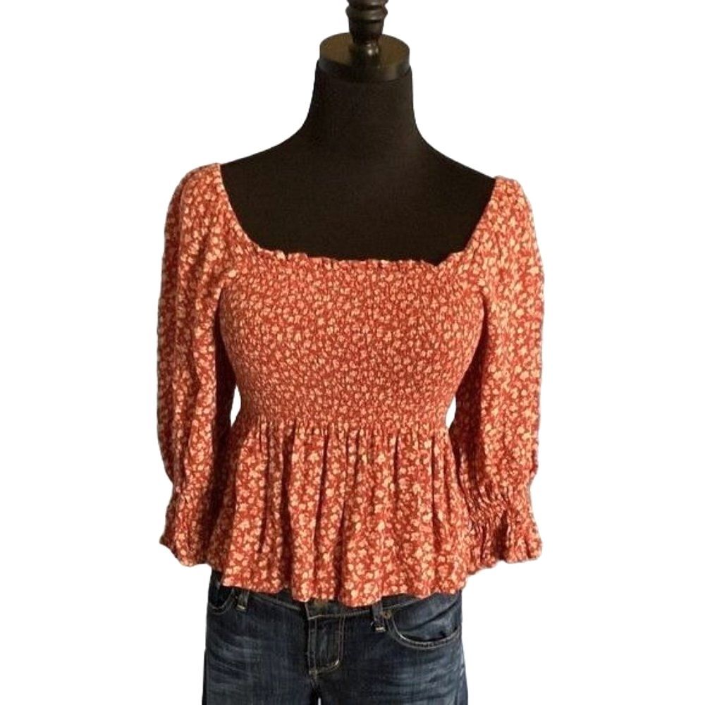 American Eagle Smocked Square Neck Peplum Blouse Size XS - Picture 7 of 12